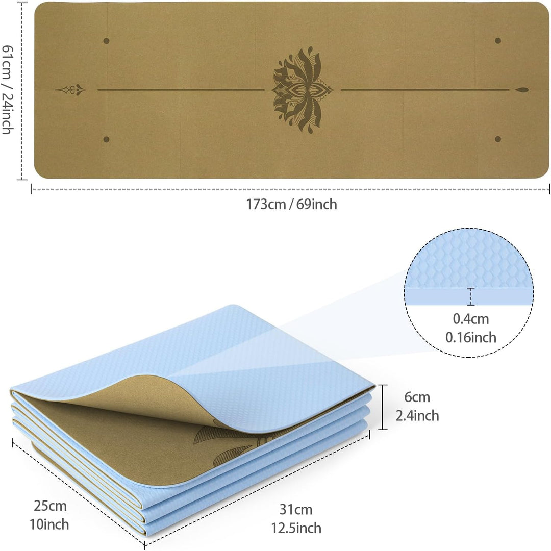 Reise-Yogamatte, faltbar, klein, 173 x 61 cm, 0,4 cm, mit Tragetasche, leichtes Pilate-Design Kork-L