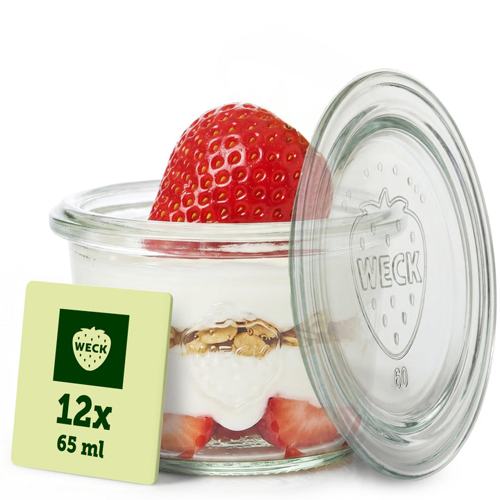 Weck Gläser 65ml – 12er Set mit Deckeln – Sturzform – robuste, stapelbare Dessertgläser, Einkoch- &