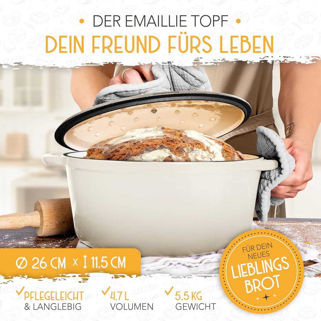 KRUSTENZAUBER Gusseisen Topf Brot backen emailliert inkl. Gärkorb - 26cm Emaille-Topf samt Zubehör -