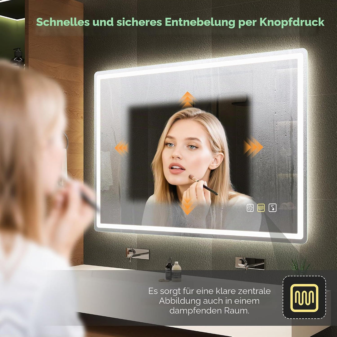 S'bagno Bluetooth-Badspiegel-mit-Beleuchtung-100x70cm, LED-Badezimmerspiegel mit Entfoggen, 3000K-65