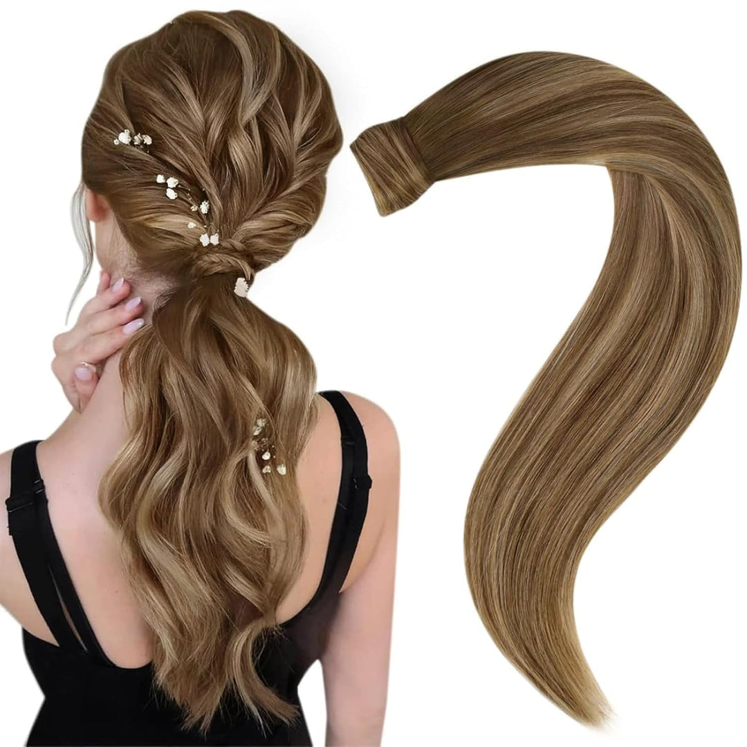 Easyouth Zopf Extension Echthaar Pferdeschwanz Extensions Echthaar Ombre Mittelbraun Mix Honigblond