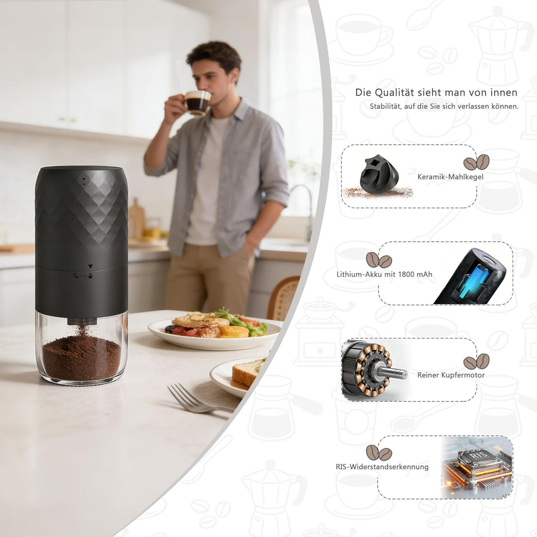 Elektrische Kaffeemühle Tragbar - Kegelmahlwerk mit 5 einstellbaren Mahlgraden, USB-C-Schnellladung
