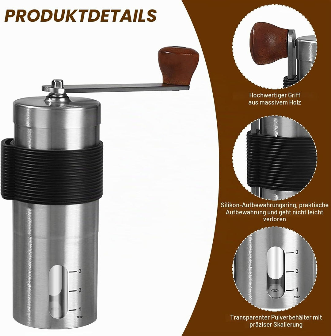 Kaffeemühle Manuell, Keramikmahlwerk Verstellbarer Mahlgradeinstellung 304 Edelstahl, Mini Hand Kaff