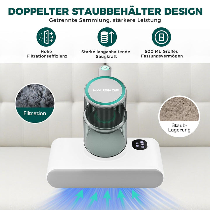HAUSHOF Milbensauger für Matratzen 16 kPa mit UV Licht &amp; 60℃ Heissluft, Matratzenreiniger 400W mit D