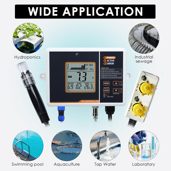 pH-Regler mit Temperaturkompensation, einstellbarer pH-Regelbereich von 4,5 bis 8,5 pH, doppelte Rel