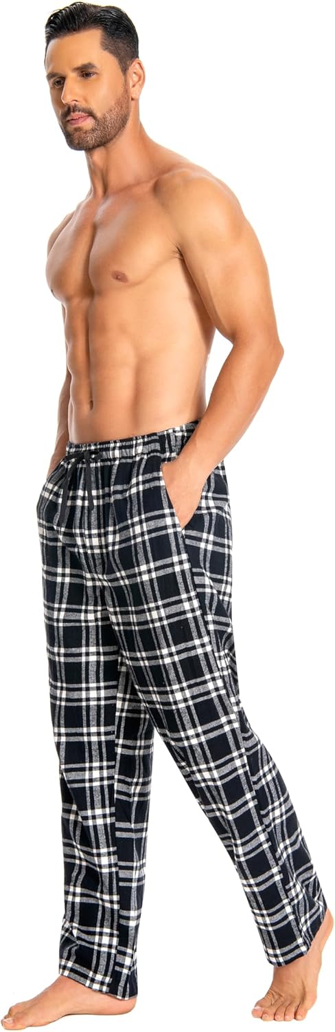 Cyathea Schlafanzughose Herren 100% Baumwolle Flannel Pyjamahose Kariert Loungehose mit Taschen Nach