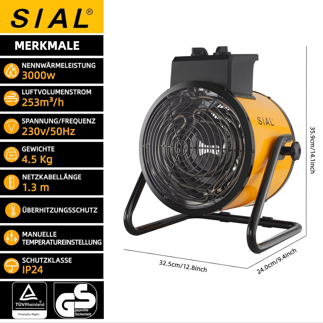 SIAL Industriell Heizlüfter 3000W - Elektrische Heizung - Heizstrahler Bauheizer - Heizgebläse Für G