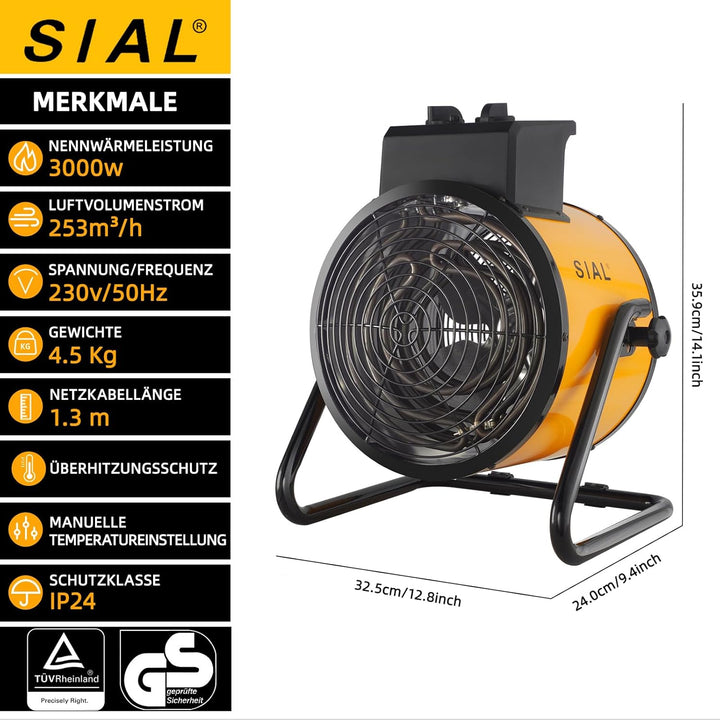 SIAL Industriell Heizlüfter 3000W - Elektrische Heizung - Heizstrahler Bauheizer - Heizgebläse Für G