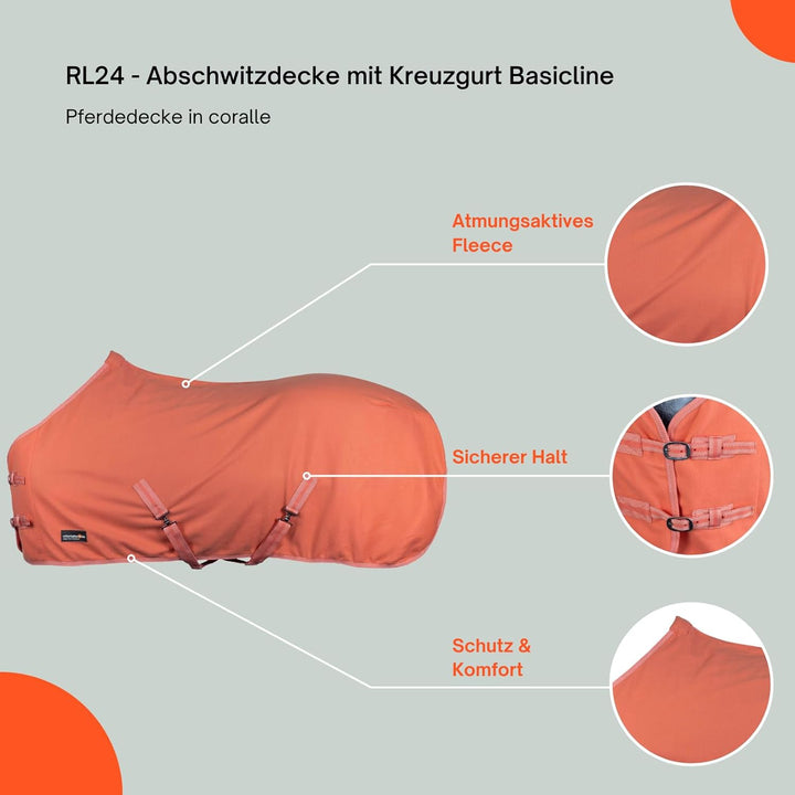 RL24 - Abschwitzdecke BASICLINE mit Kreuzgurt fürs Pferd ist atmungsaktiv Fleecedecke Transportdecke