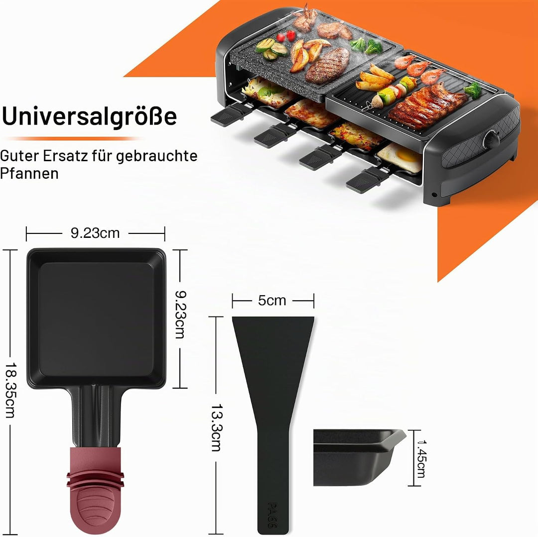 8er Set Raclette Pfännchen antihaftbeschichtet, Mini Grill Pfännchen Ersatz mit 8 Schaber und buntem