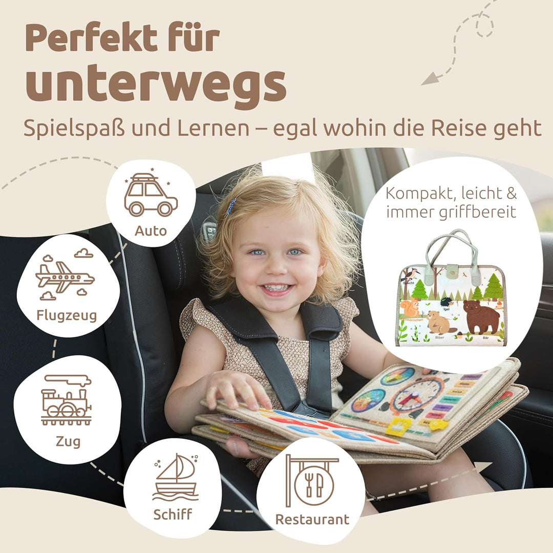 Mallie® Montessori Busy Board mit Rollenspiel-Set & Fingerpuppen [Version 2025] Lernbuch - Fördert F