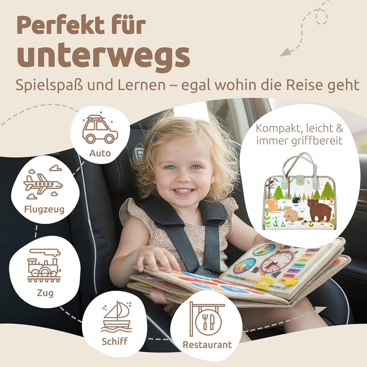 Mallie® Montessori Busy Board mit Rollenspiel-Set & Fingerpuppen [Version 2025] Lernbuch - Fördert F