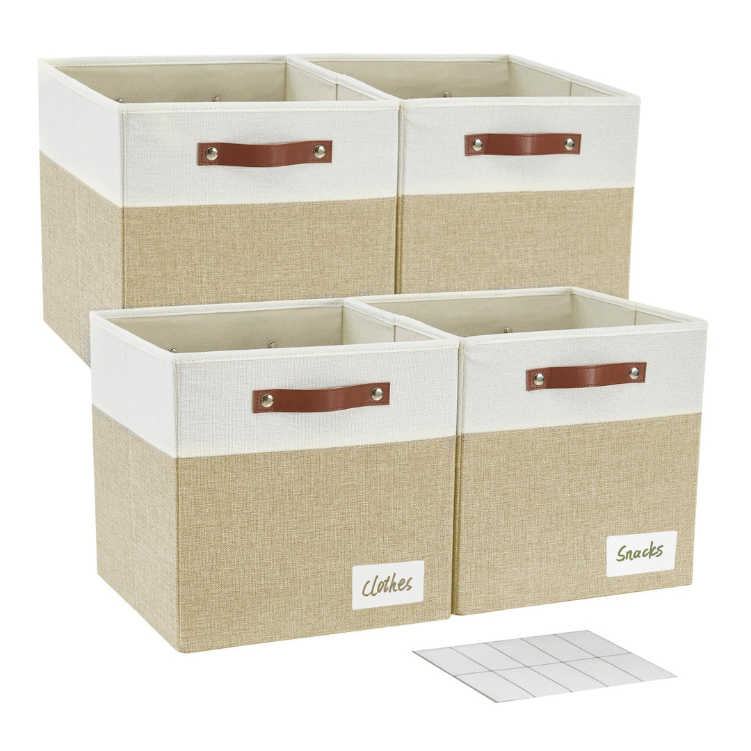 Bagnizer Faltbare Aufbewahrungsbox aus Stoff mit 2 PU-Griffe, 4er Set Beige &amp; Weiss M-33x33x33CM, Be