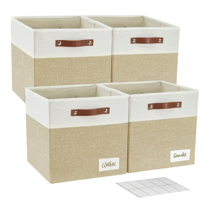 Bagnizer Faltbare Aufbewahrungsbox aus Stoff mit 2 PU-Griffe, 4er Set Beige &amp; Weiss M-33x33x33CM, Be