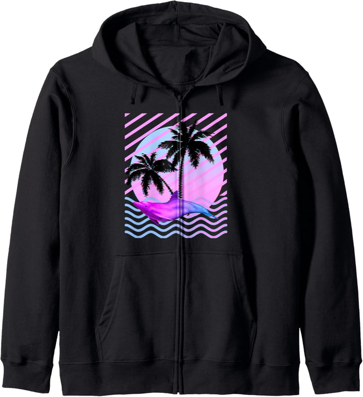 Palme und Vaporwave Dolphin in ästhetischer 80er Glitch Art Kapuzenjacke