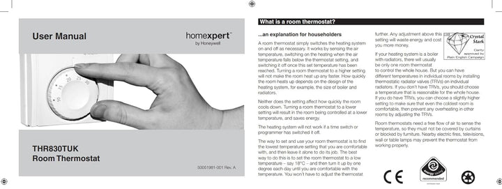 Honeywell Home THR830TEU MT1 Mechanischer Raumthermostat, Weiss