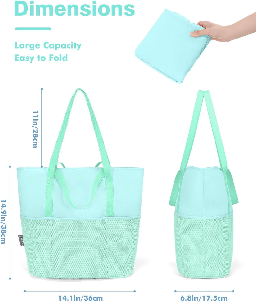 KABAQOO Strandtasche Damen mit Reissverschluss Badetasche Klein mit Fächern Faltbar Shopper Tasche S