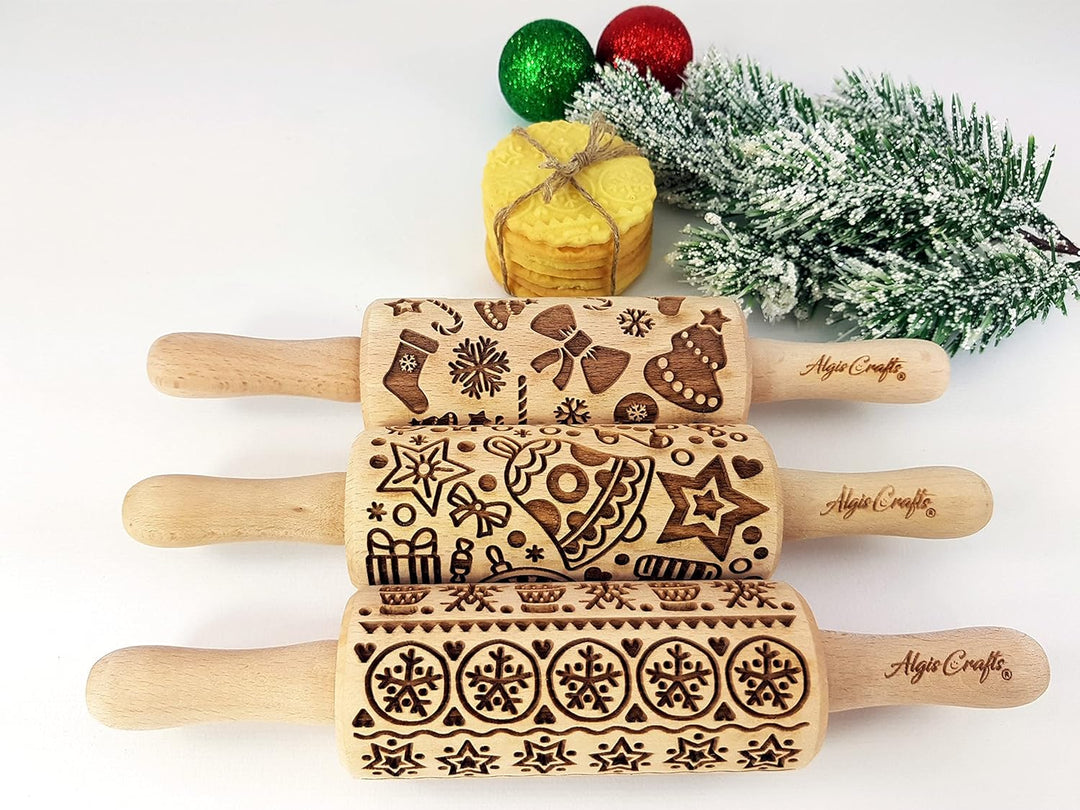 Weihnachtsspass Kinder Nudelholz mit Muster Weihnachten Backen 3-er SET - Teigroller Holz für DIY We