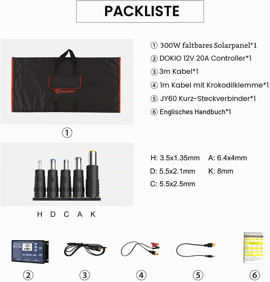 DOKIO 300W 18V Faltbar Solarmodule(54*104cm, 7,5kg) Monokristalline(Hohe Leistung) +Solar Controller