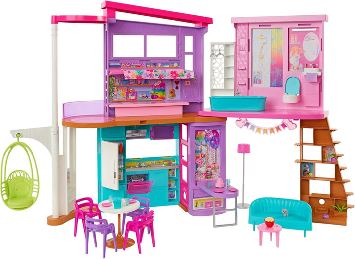 Barbie HCD50 - Malibu Ferien-Haus (klappbar), Puppenhaus mit Möbeln und diversen Zubehör-Teilen, Spi