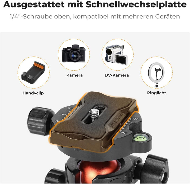 K&F Concept Kugelkopf Stativkopf, Kamera Kugelkopf mit 1/4 Zoll Schnellwechselplatte und Wasserwaage