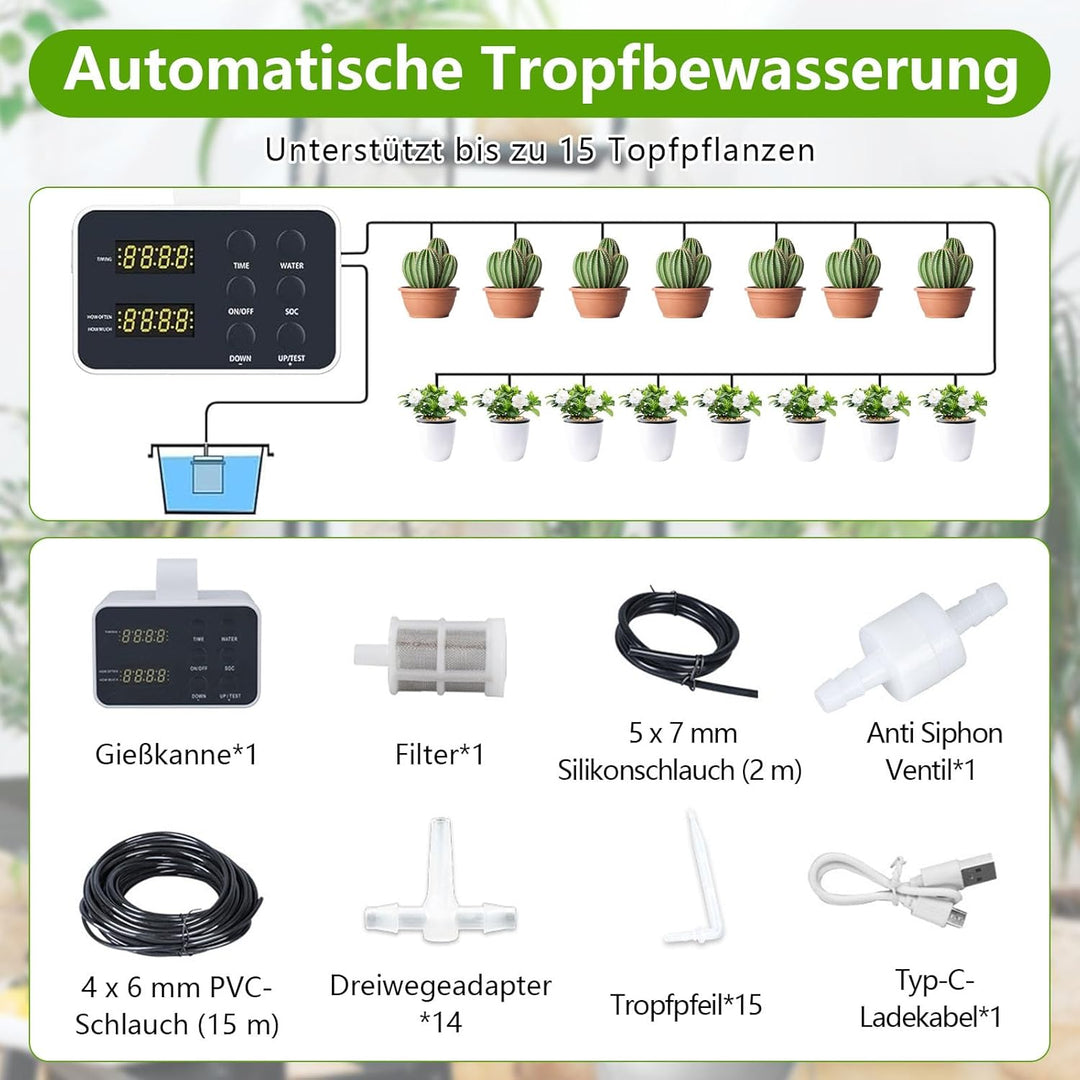 Automatische Bewässerung, Bewässerungssystem für 15 Topfpflanzen, Zeitgesteuertes Bewässerungssystem