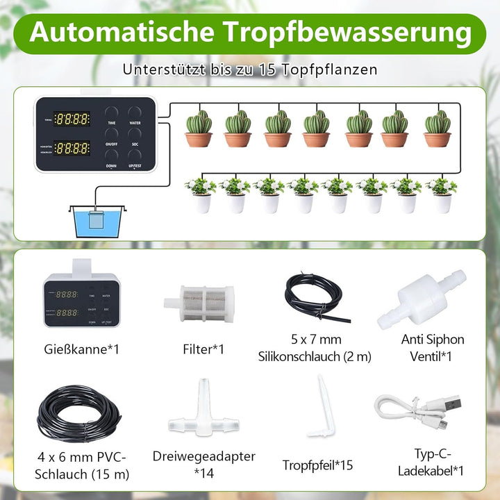 Automatische Bewässerung, Bewässerungssystem für 15 Topfpflanzen, Zeitgesteuertes Bewässerungssystem
