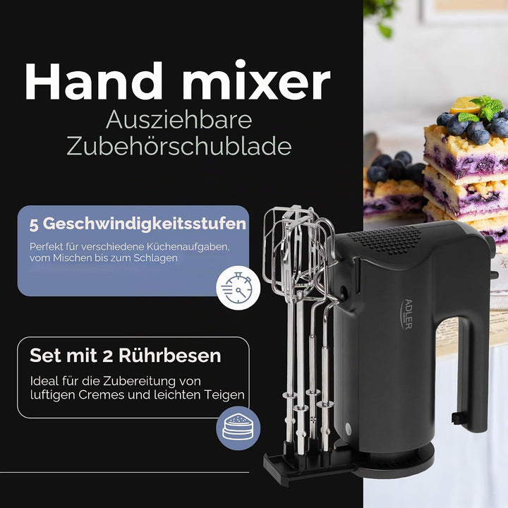 Adler AD 4230 Handmixer mit 5 Geschwindigkeiten und Turbo Funktion inklusive Knethaken und Rührbesen