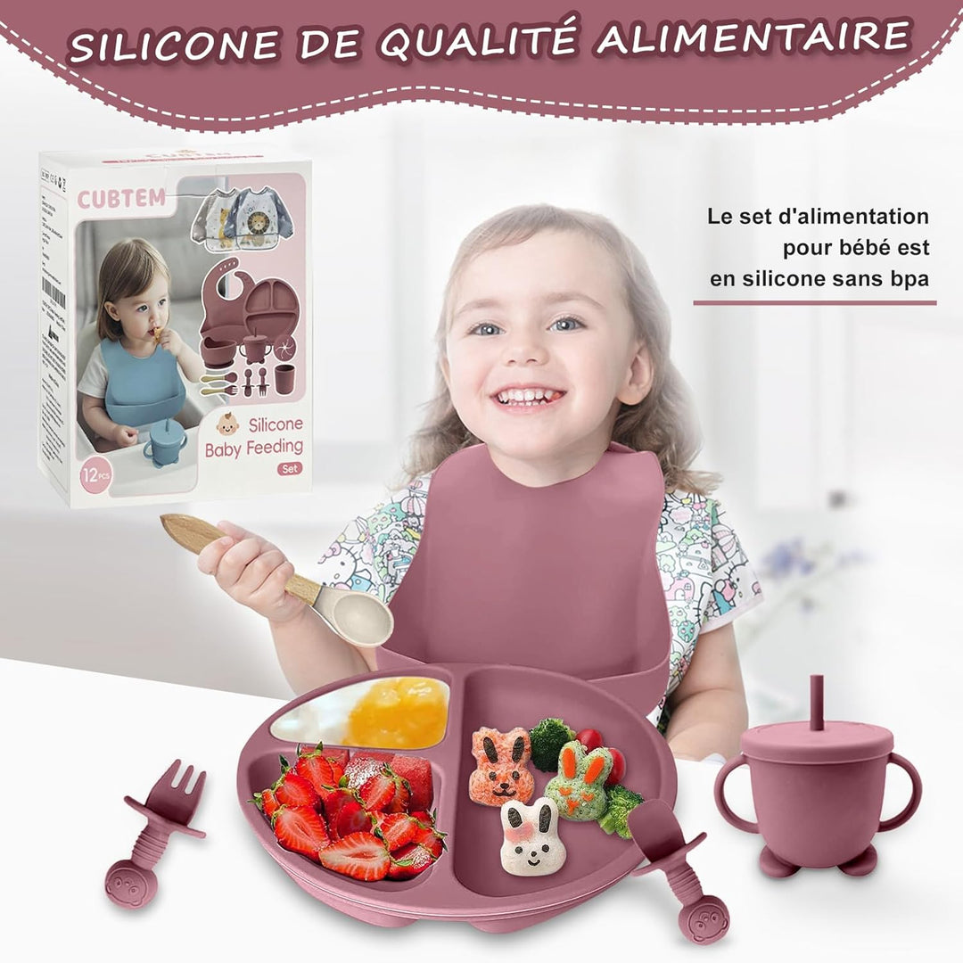 Baby Geschirrset,12er Set Kindergeschirr, Babylöffel,Trinklernbecher,Silikon Lätzchen,Baby Teller Ki