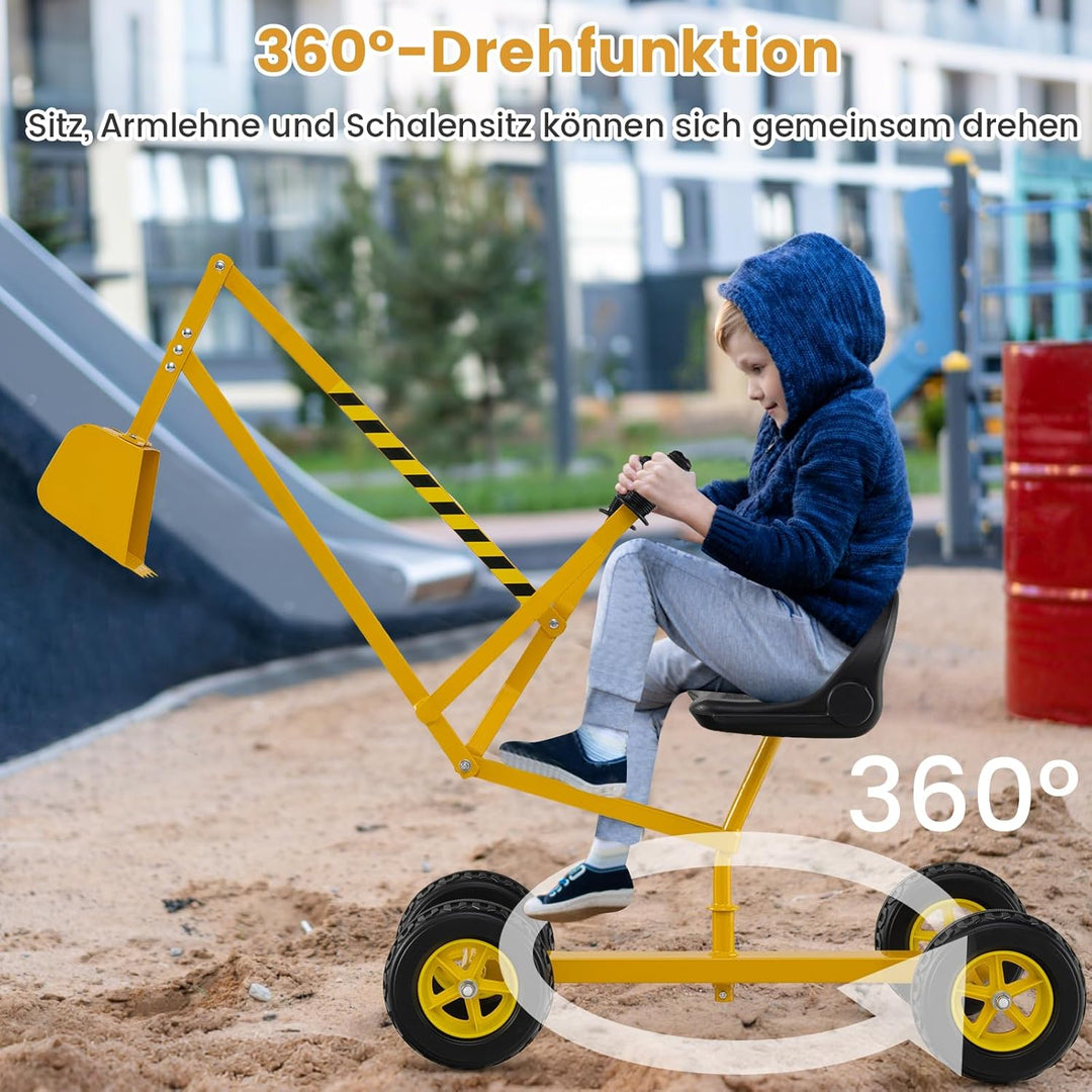 COSTWAY Sitzbagger 360° drehbar, Bagger zum Draufsitzen Metall mit Schaufel & Rädern, Bagger Sandkas