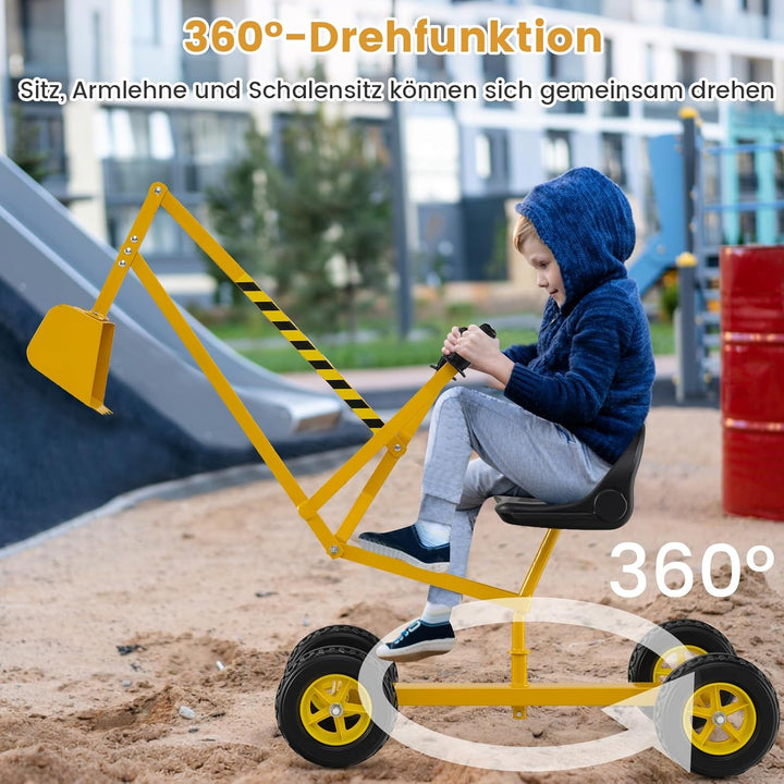 COSTWAY Sitzbagger 360° drehbar, Bagger zum Draufsitzen Metall mit Schaufel & Rädern, Bagger Sandkas