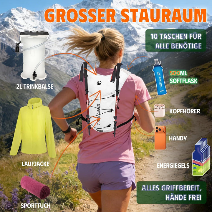 Laufweste Damen mit 2L TPU Trinkblase/500ml Trinkflasche, Leichter Trinkrucksack Laufen Herren 6L, R
