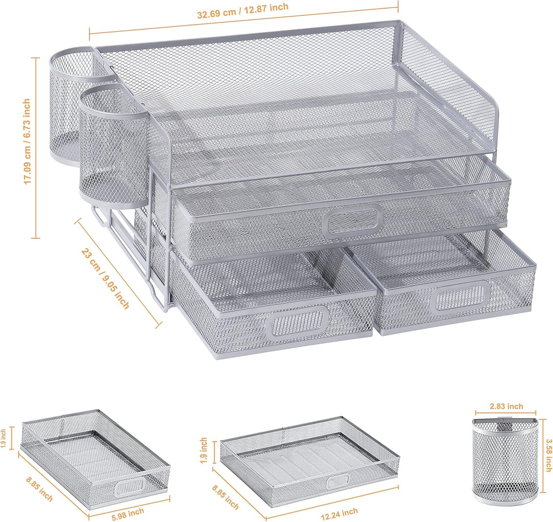 3-Trays Desktop Organizer mit Schublade, Mesh Büro Schreibtisch liefert Organizer Dokumenten Buchsta