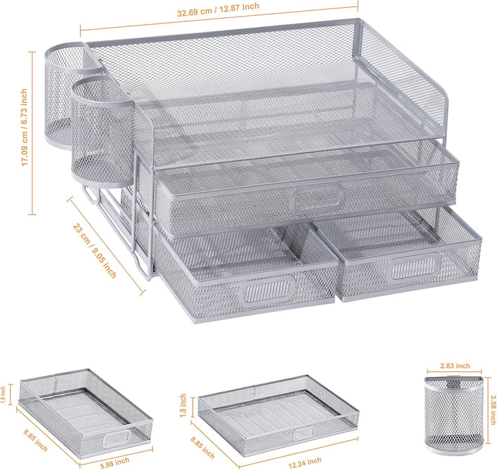 3-Trays Desktop Organizer mit Schublade, Mesh Büro Schreibtisch liefert Organizer Dokumenten Buchsta