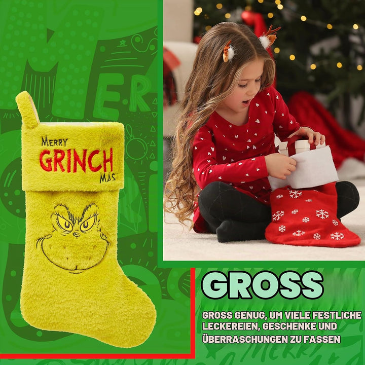 The Grinch Flauschiger Weihnachtsstrumpf, Weihnachtsdeko für Kamin oder Tannenbaum