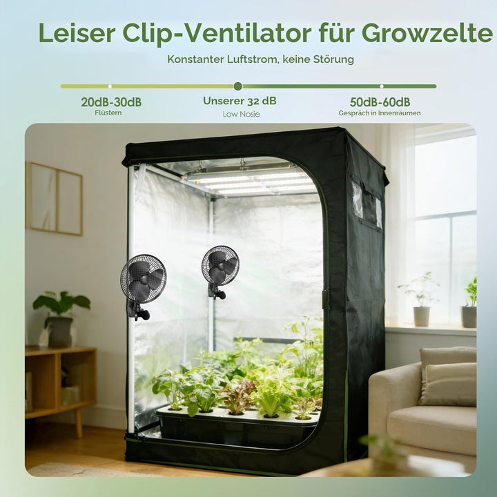 Grow Ventilator mit Clip, 20W Oszillierender Lüfter, 2 Geschwindigkeiten, 90°/120° Doppelschwenk, 31