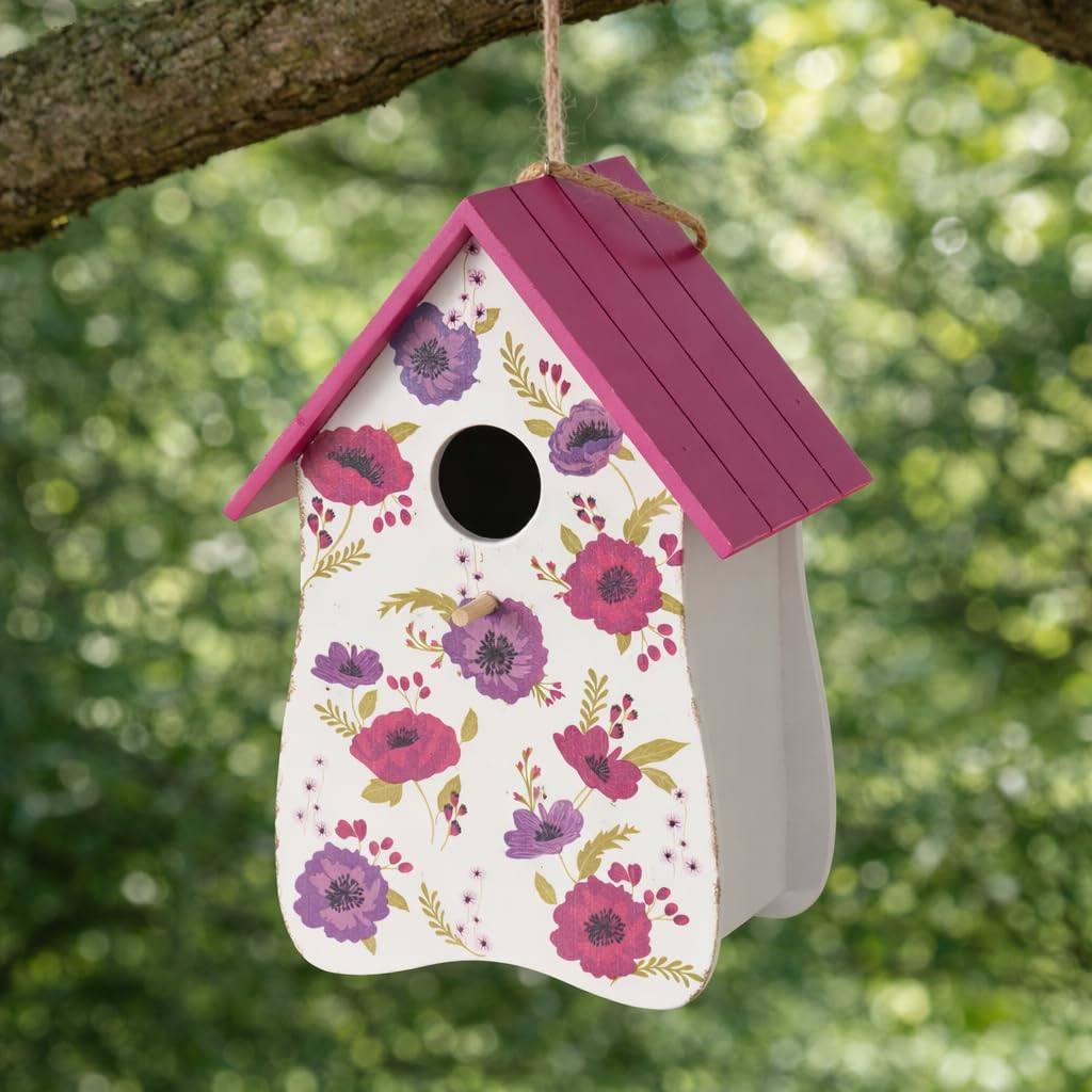 Vogelhaus Anouk aus Holz, Pink und Lila, Florales Design, zum Aufhängen, 15 x 12 x 22 cm, FSC 100%