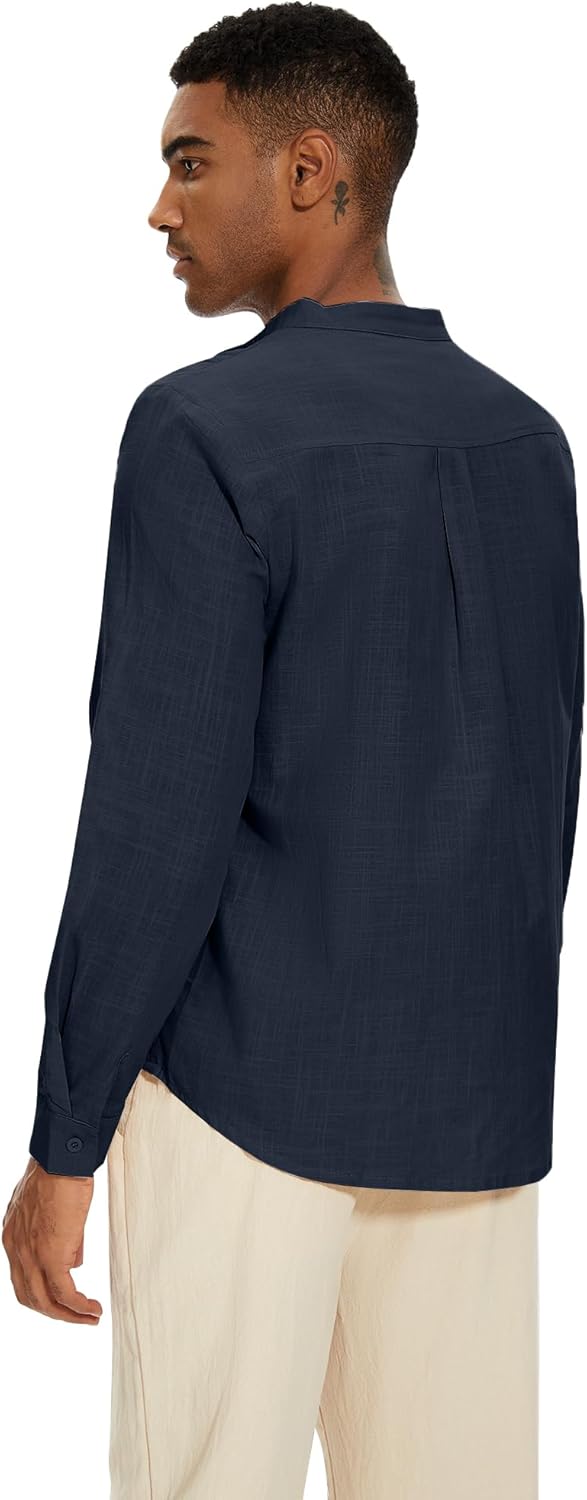 YAOBAOLE Leinenhemd für Herren, Casual, Sommerhemd, leicht, lange Ärmel, Knöpfe, Mao-Kragen, Strand,
