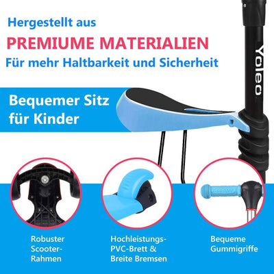 YOLEO 3-in-1 Kinder Roller Scooter mit Abnehmbarem Sitz, LED grosse Räder, Höheverstellbare Lenker f
