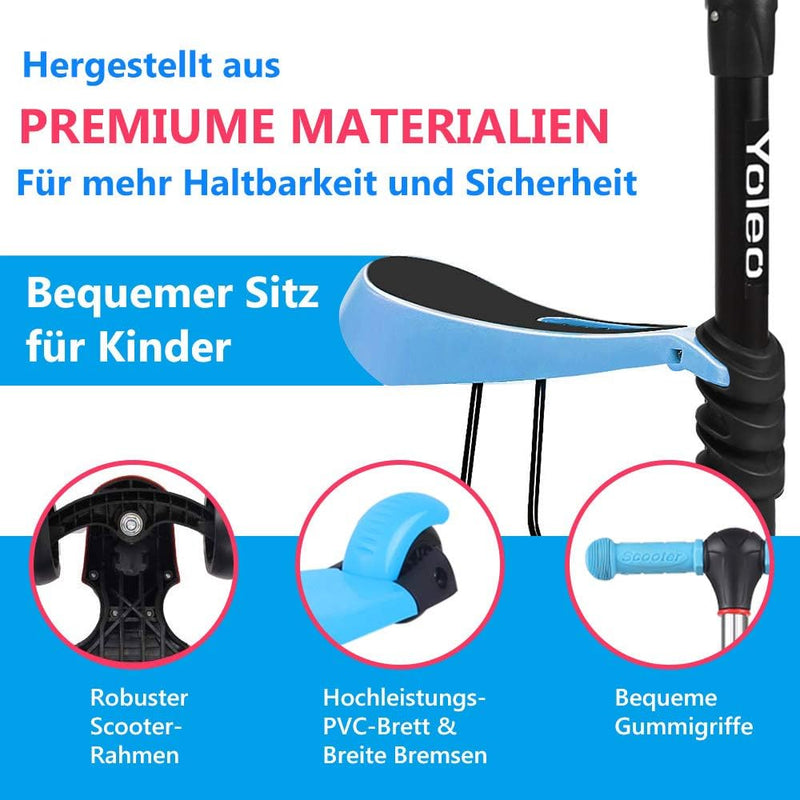 YOLEO 3-in-1 Kinder Roller Scooter mit Abnehmbarem Sitz, LED grosse Räder, Höheverstellbare Lenker f