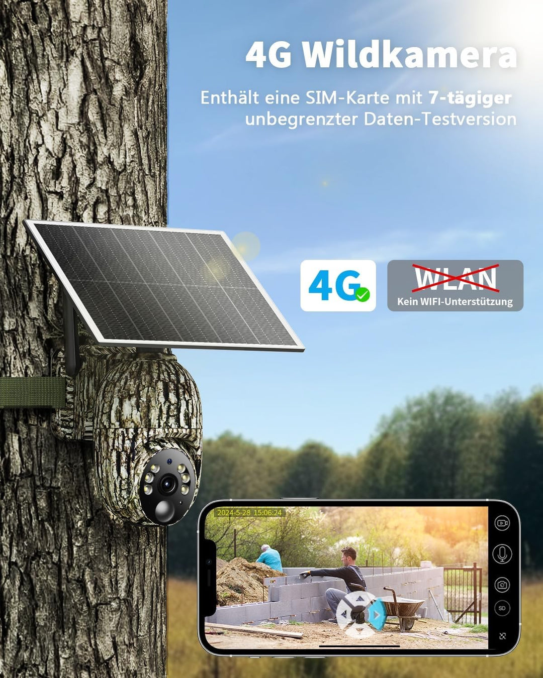 4G Wildkamera mit SIM Karte und Speicherkarte Karte, 2K Solar Wildkamera mit Handyübertragung APP, Ü