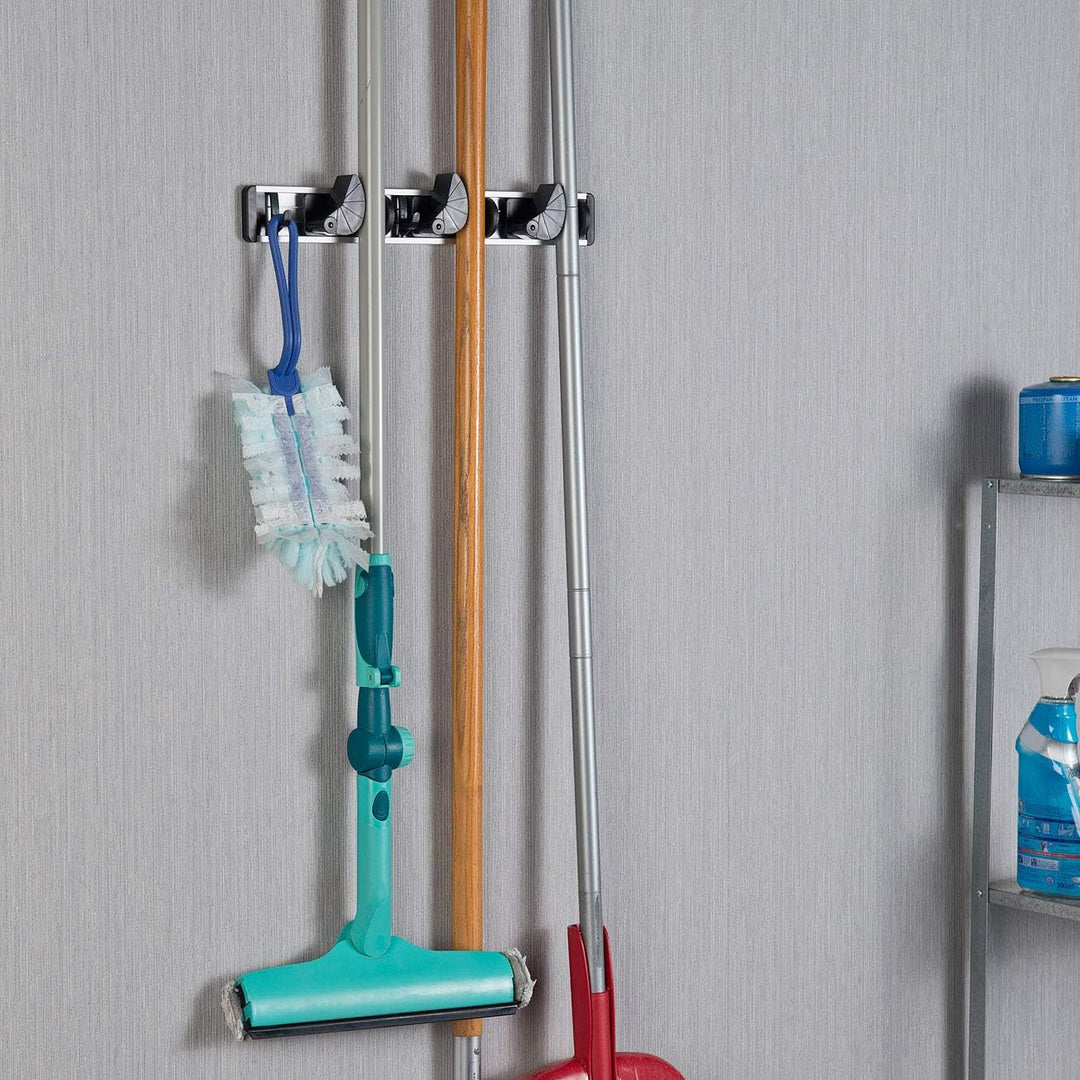 AGT Besen-Halterung: 4er-Set Wandhalter-Leisten für Besen, Wischmopp, Gartengeräte & Co. (Wand-Haken