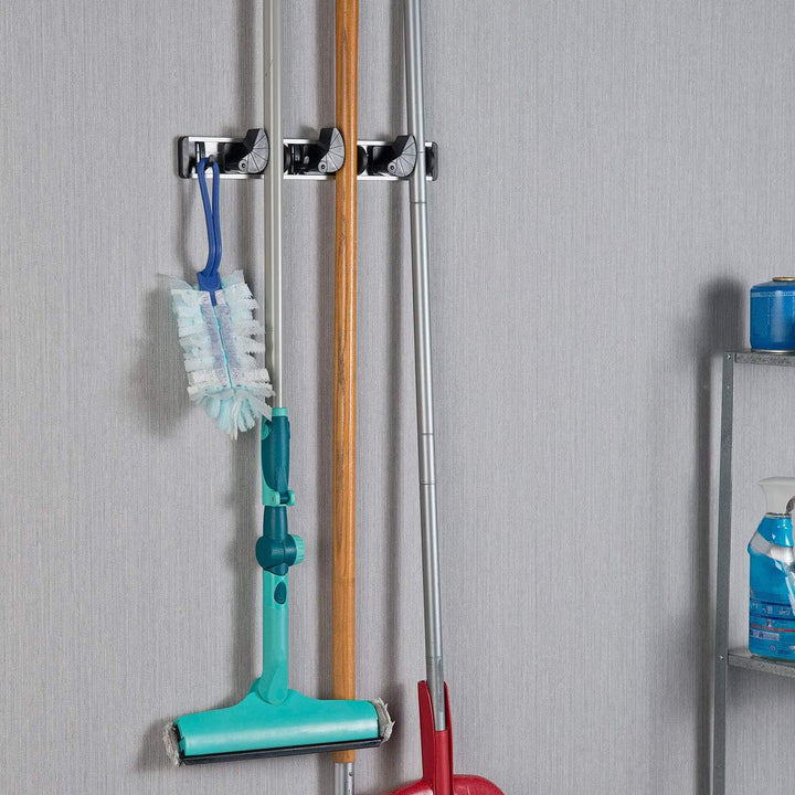 AGT Besen-Halterung: 4er-Set Wandhalter-Leisten für Besen, Wischmopp, Gartengeräte & Co. (Wand-Haken