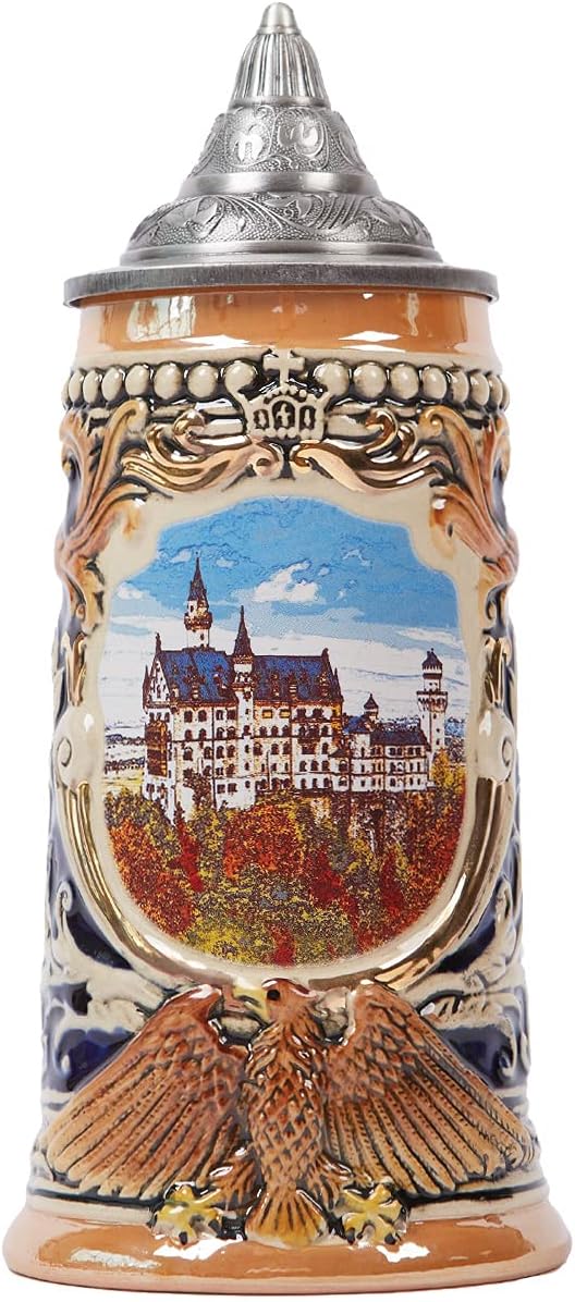 NENBOLEC Bierkrug mit Zinndeckel Bierseidel Steinkrug Gravur Deutsch Schloss Beer Stein 0.7L