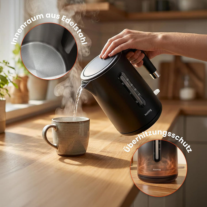 Wasserkocher 1,5L 2200W Double Wall Cool-Touch Edelstahl 304, BPA-frei, mit Wasserstandsanzeige, 360