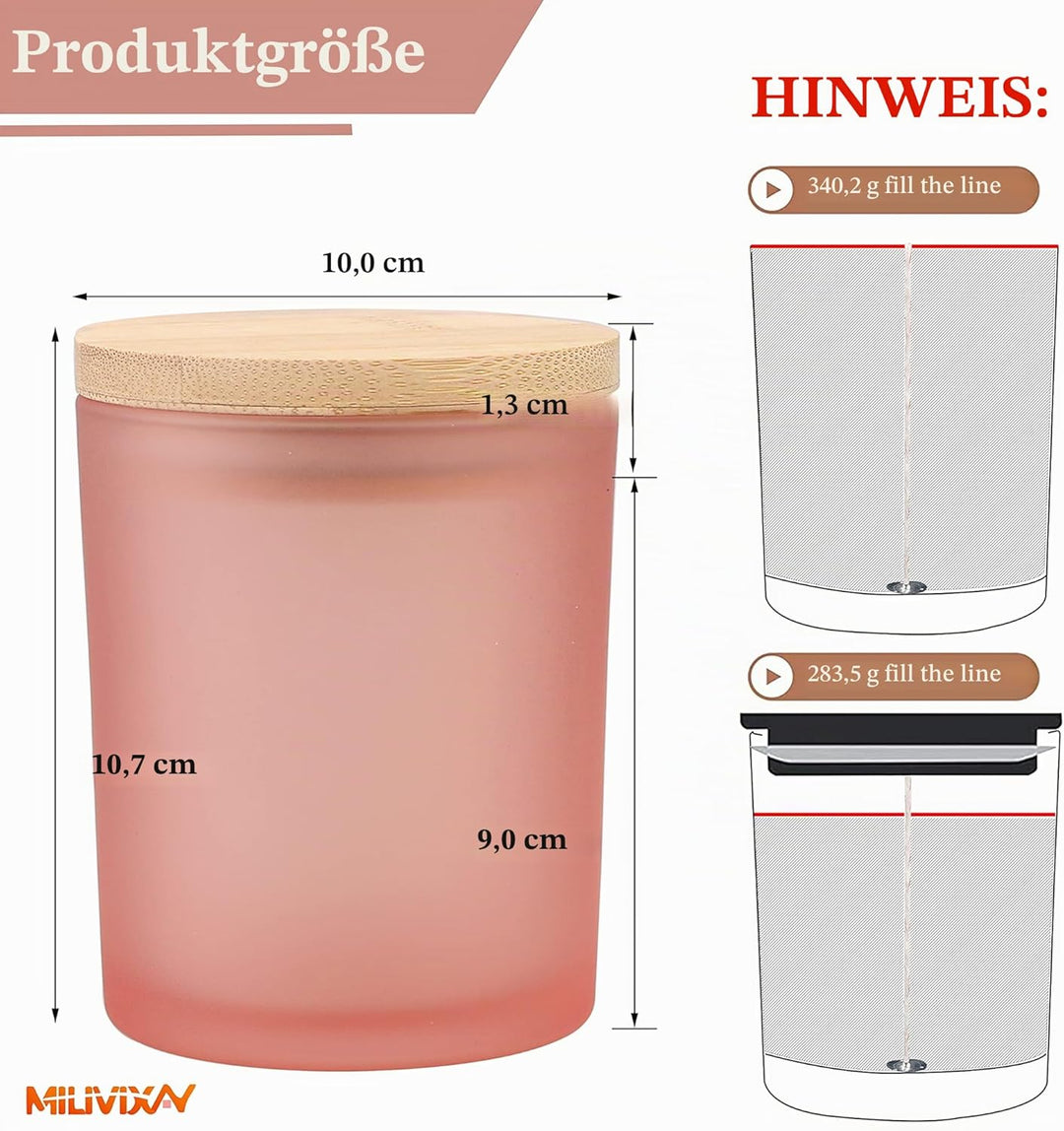 MILIVIXAY 12 Stück 340 ml mattrosa Glaskerzengläser mit Deckel und Kerzenherstellungs-Kits – leere K