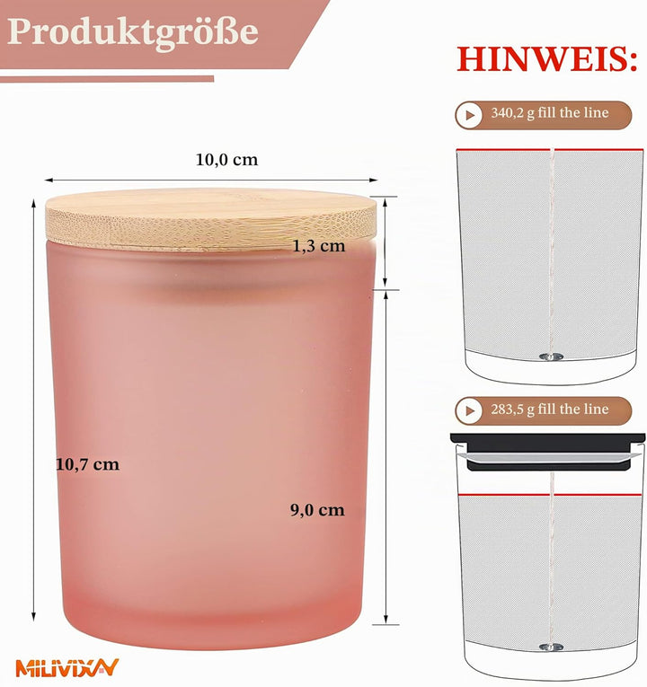 MILIVIXAY 12 Stück 340 ml mattrosa Glaskerzengläser mit Deckel und Kerzenherstellungs-Kits – leere K