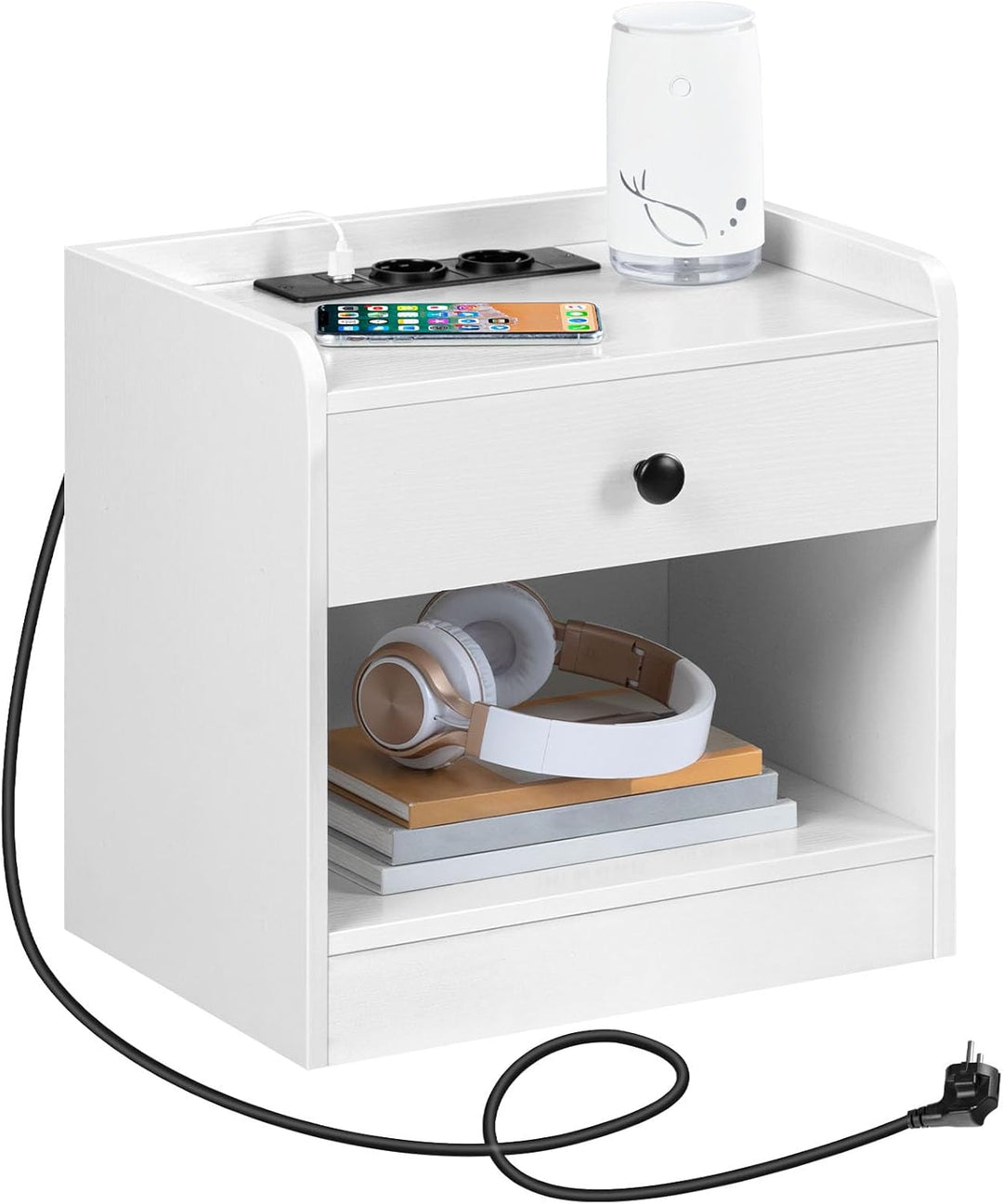 HOOBRO Nachttisch mit Ladestation, Beistelltisch mit Schublade und offenen Fächern, USB-Anschlüsse u