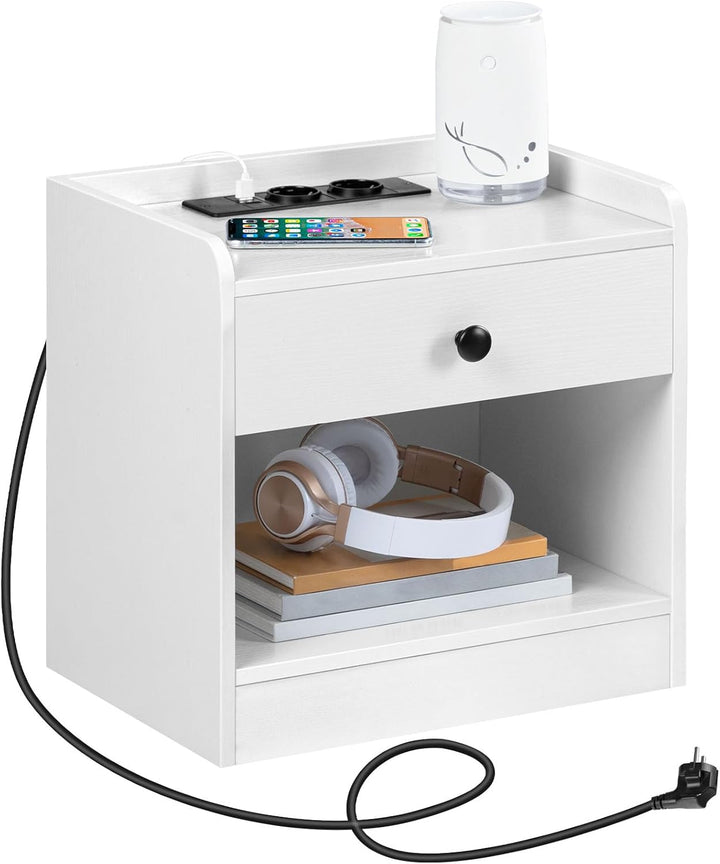 HOOBRO Nachttisch mit Ladestation, Beistelltisch mit Schublade und offenen Fächern, USB-Anschlüsse u
