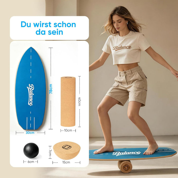 Balance Board Komplett-Set – 4-in-1 Massivholz Gleichgewichtsboard, 78 x 30 cm, bis 204 kg, rutschfe